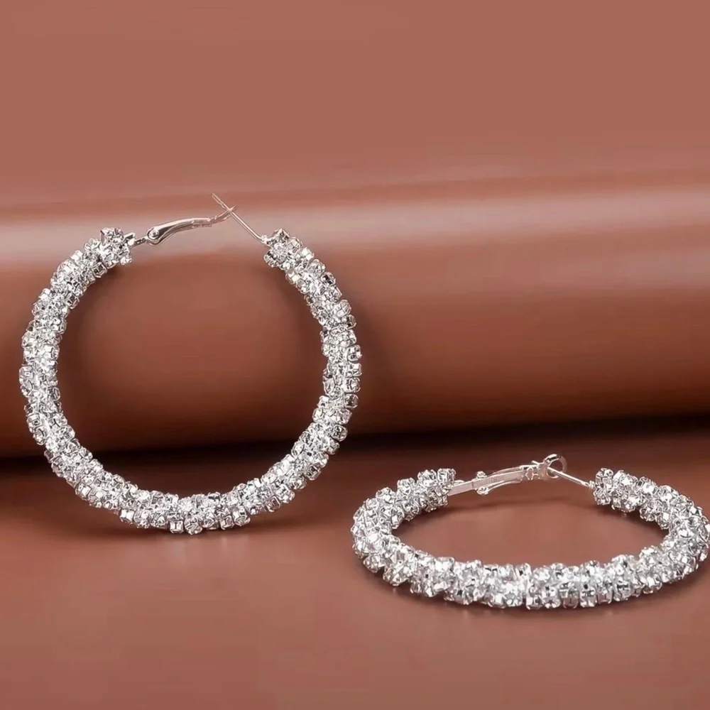 Large Full Rhinestone Hoop Earrings Silver Plated Delicate Jewelry Party Holiday - Picture 5 of 6